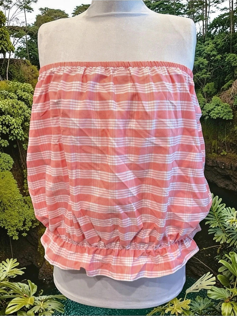 Palaka Hawaiian Women’s Plaid Strapless Blouse Peplum Pink White Size Large